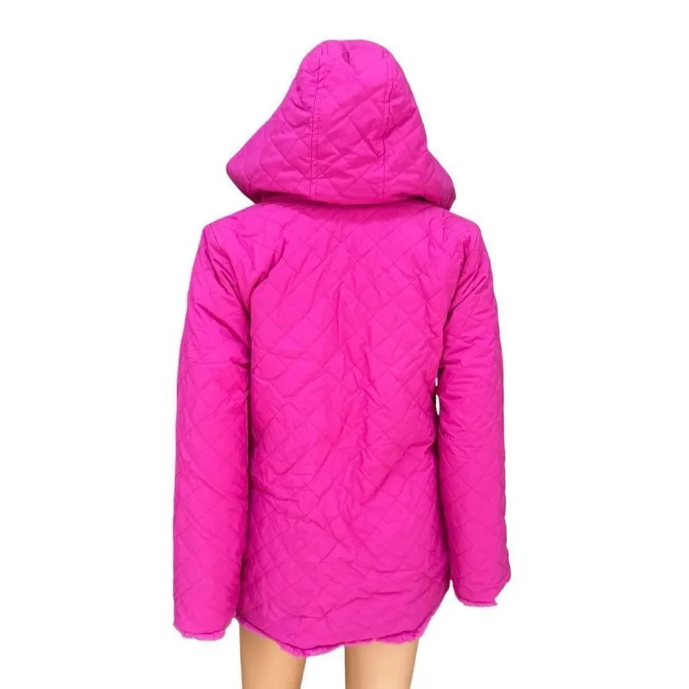 IMAN Faux Fur Coat fuchsia Reversible Hooded Quilted Jacket Womens Sz XS NWOT